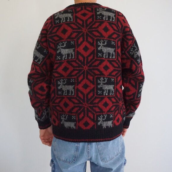 Nautica Red Black Wool Blend Moose Nordic Knit Sweater Men’s SM Winter Holiday - Picture 2 of 10